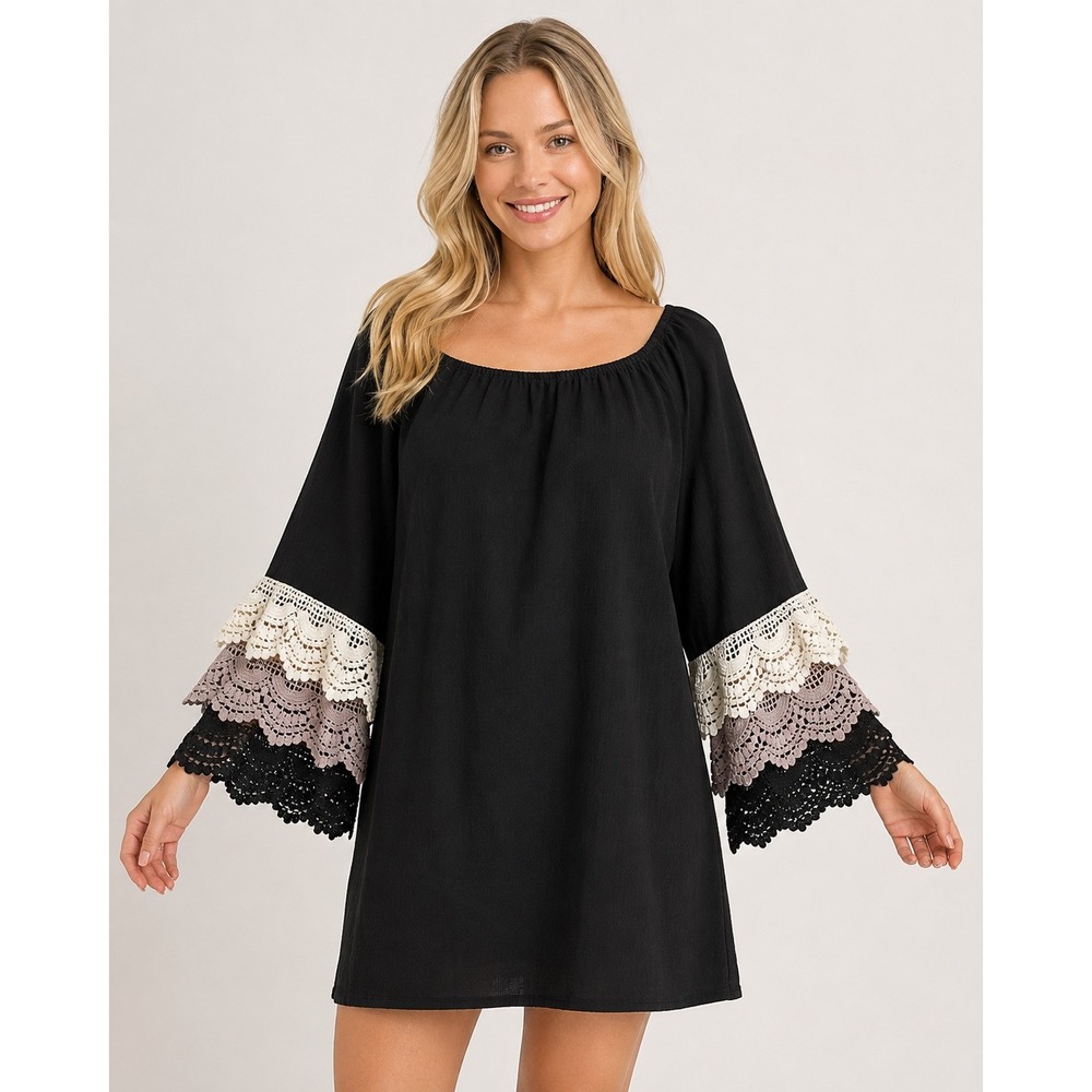UMGEE USA Women's Large Black Boho Tunic Blouse Crochet Lace Bell Sleeves